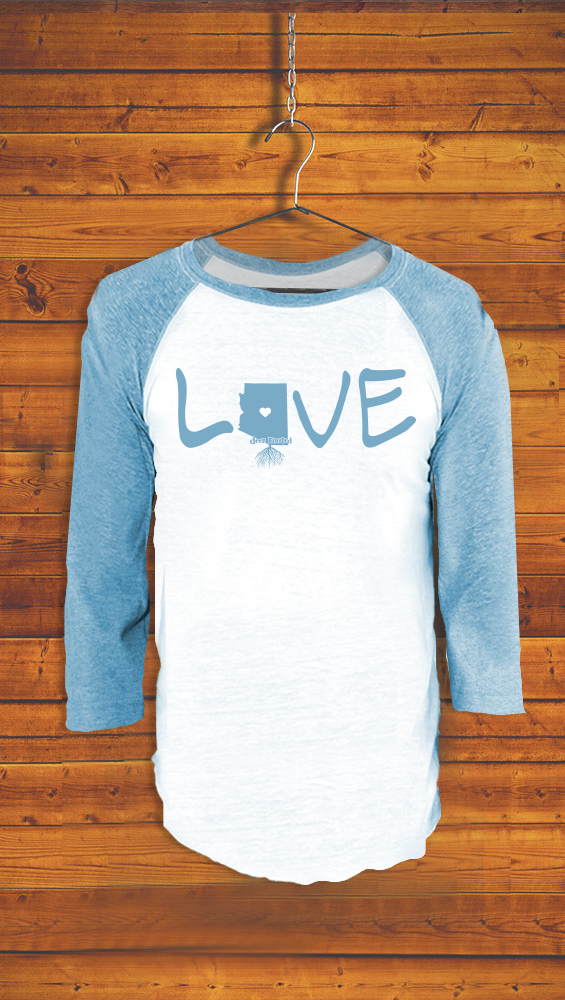 ARIZONA <br> ADULT UNISEX <br> TRIBLEND 3/4 BASEBALL TEE <br> WHITE / POOL BLUE