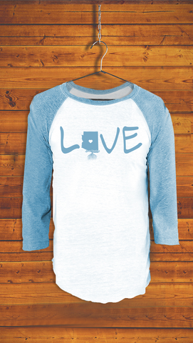 ARIZONA <br> ADULT UNISEX <br> TRIBLEND 3/4 BASEBALL TEE <br> WHITE / POOL BLUE